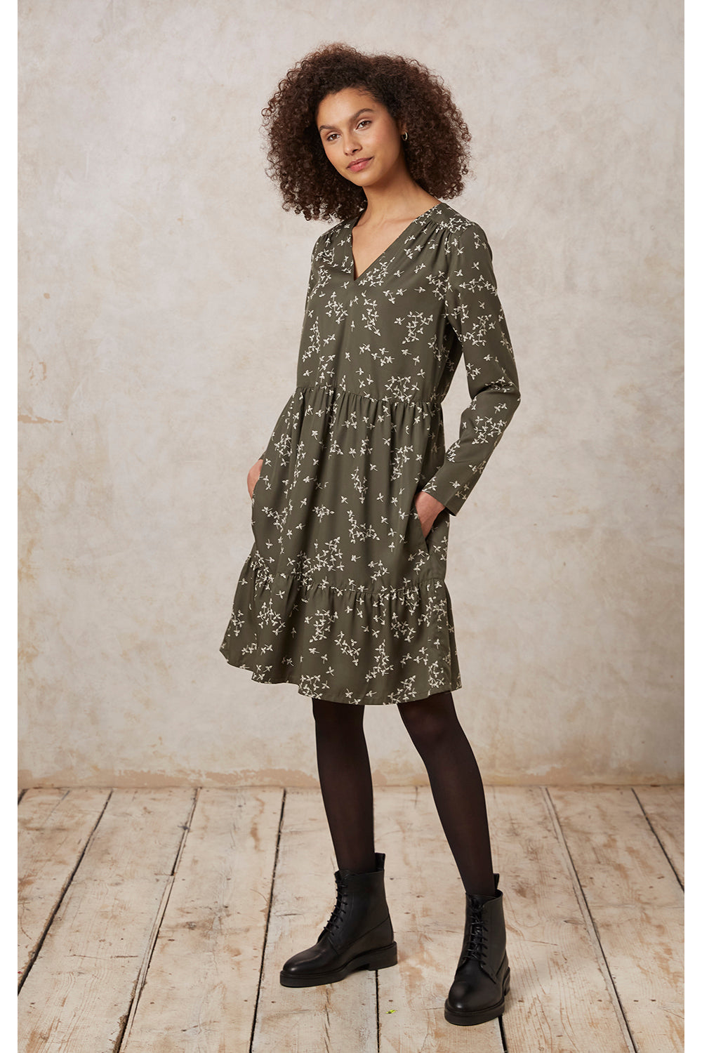 Robe plissée kaki à motifs en tencel - juno leaf dress khaki