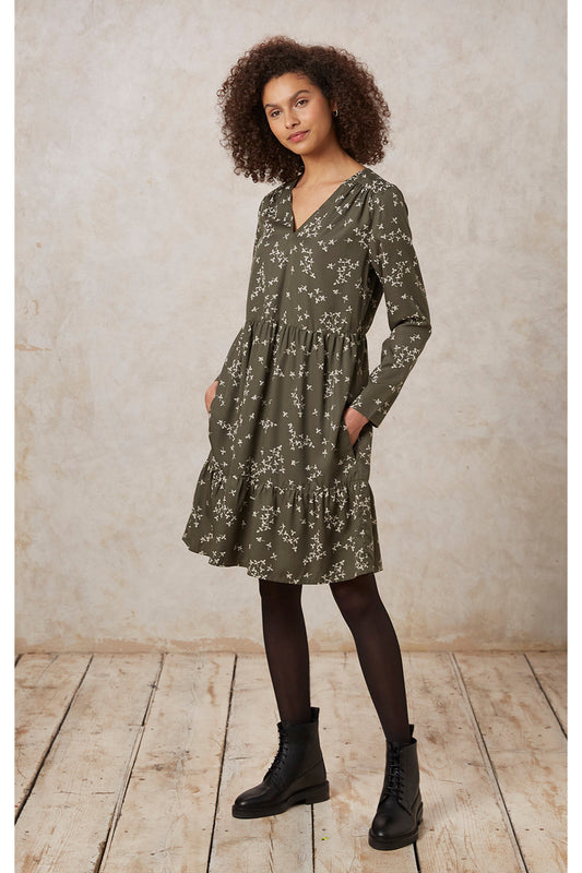 Robe plissée kaki à motifs en tencel - juno leaf dress khaki
