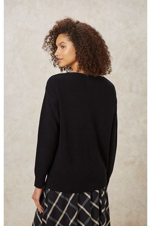 Pull col V ample noir en coton bio - kaia v-neck jumper black