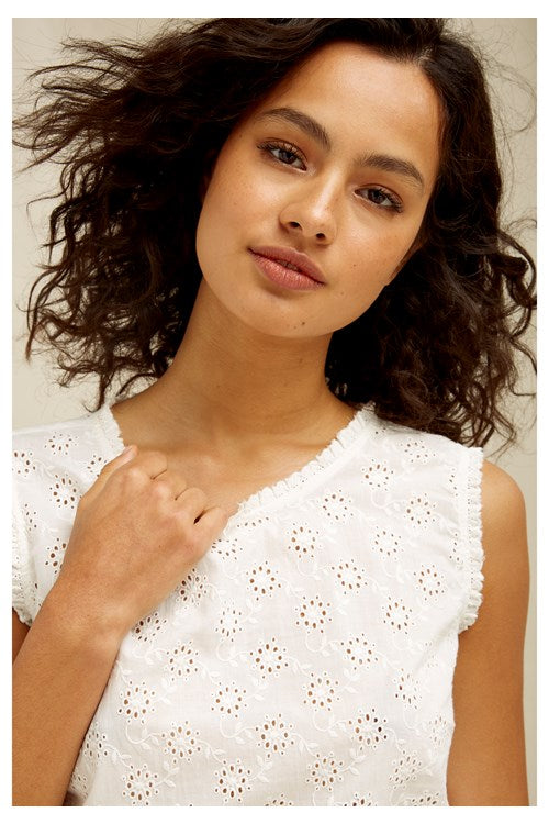 T-shirt sans manches blanc motifs broderie - Katrina