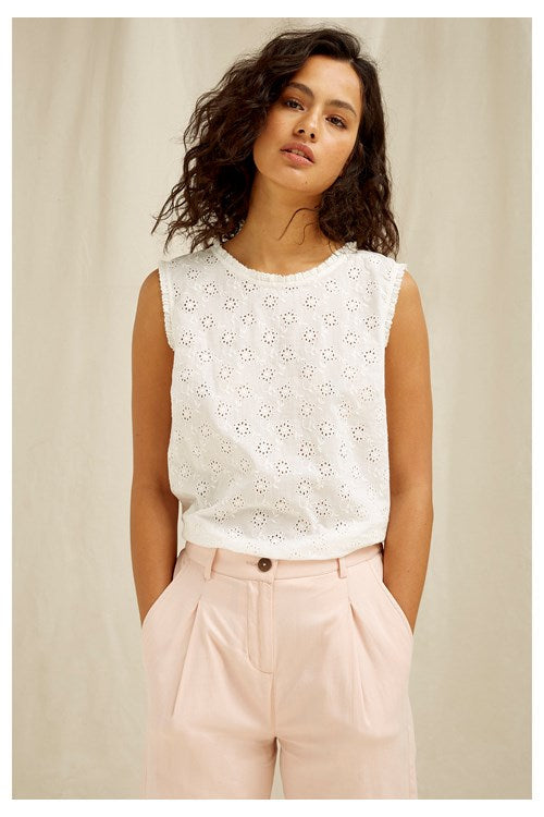 T-shirt sans manches blanc motifs broderie - Katrina