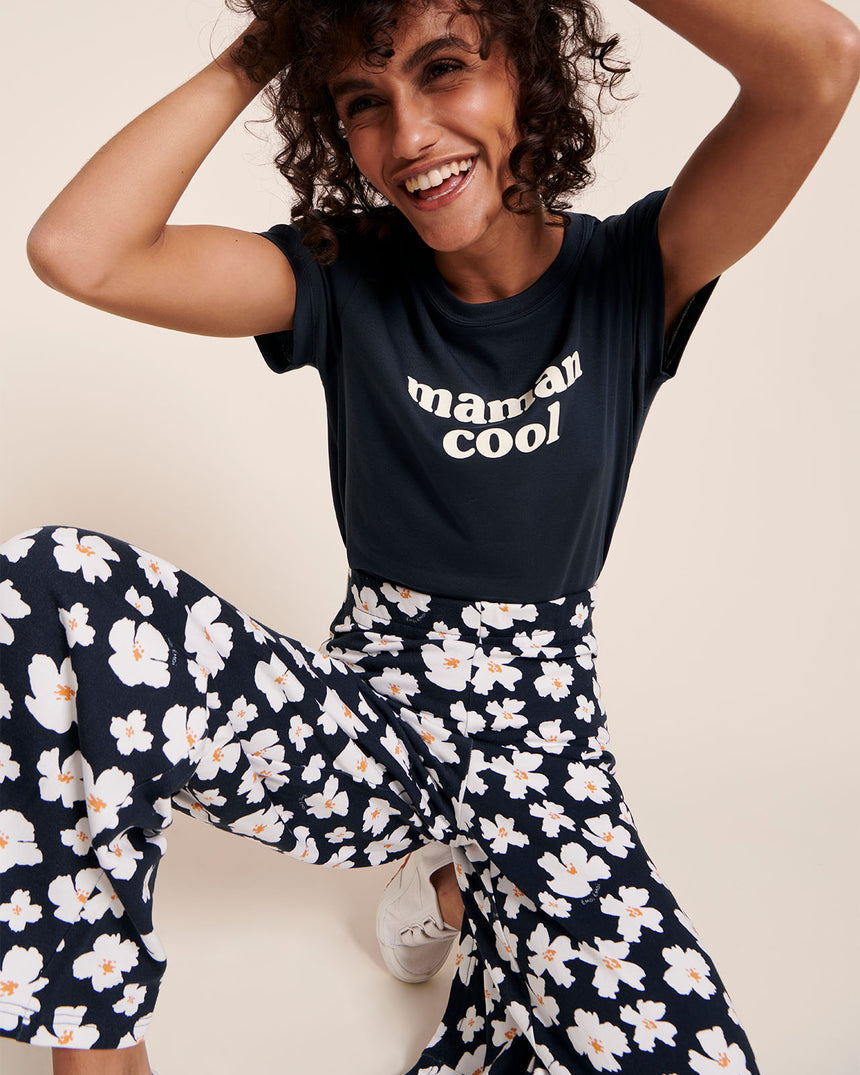 T-shirt côtelé en coton bio | Bleu nuit "maman cool charbon"