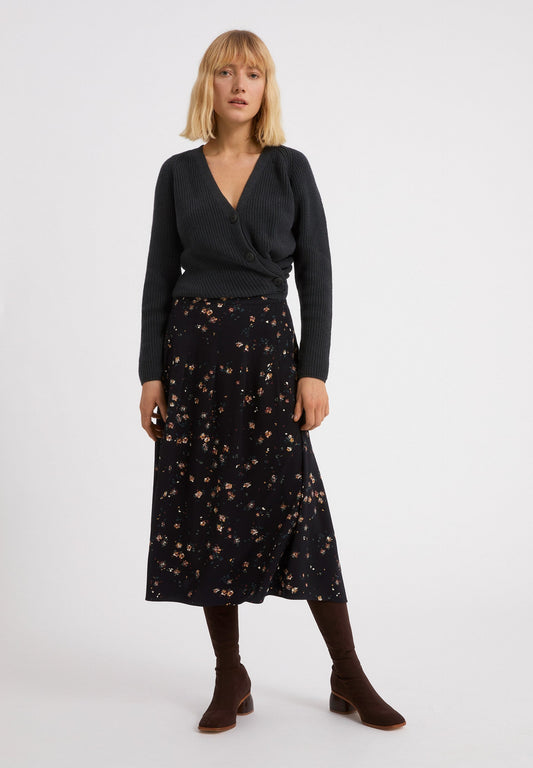 Jupe mi-longue noire fleurie en lenzing - LEAAHNA WILD BLOSSOM