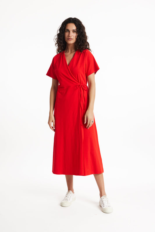 Robe portefeuille rouge en coton bio - leora wrap dress red