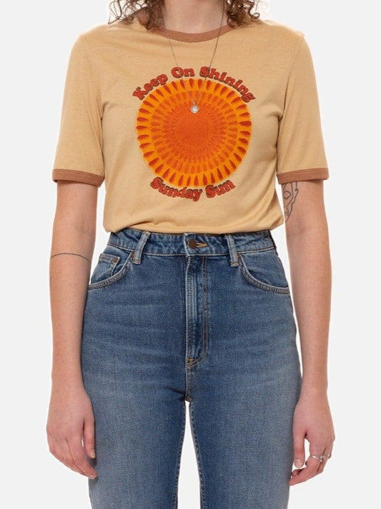 T-shirt écru imprimé en coton bio et tencel - lova sunday sun faded sun