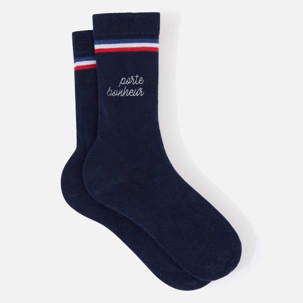 Chaussettes marine brodées en coton bio - lucas drapeau - porte bonheur