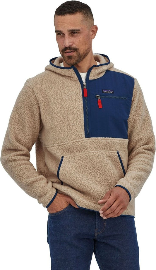 Polaire à capuche beige et bleue en recyclé - retro pile oar tan