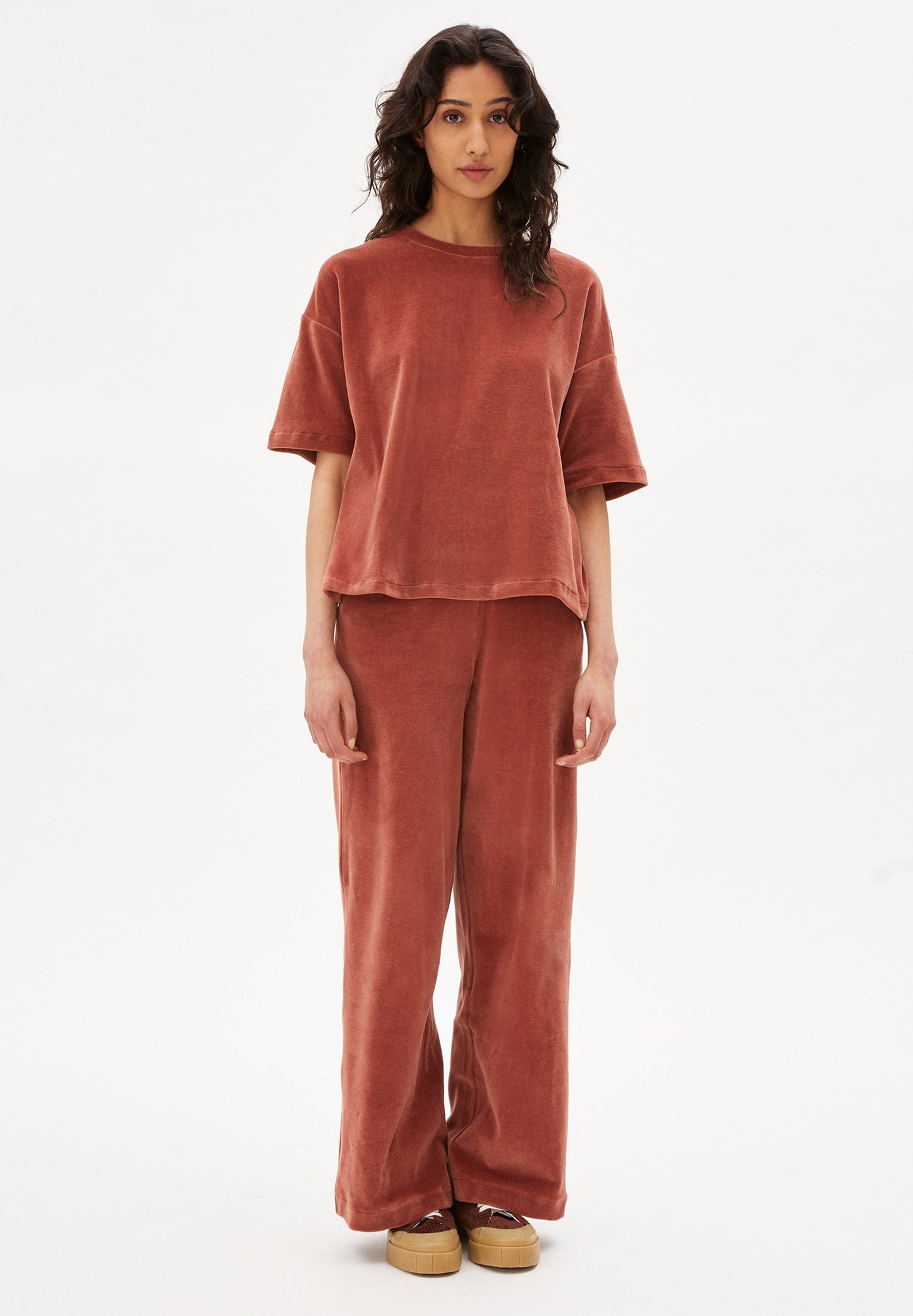T-shirt ample velours vieux rose en coton bio - maarli copper glow