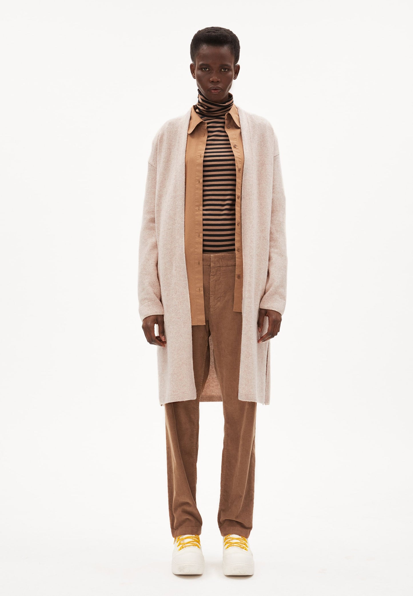 Gilet long caramel en coton et laine bio - maertaa light caramel melange