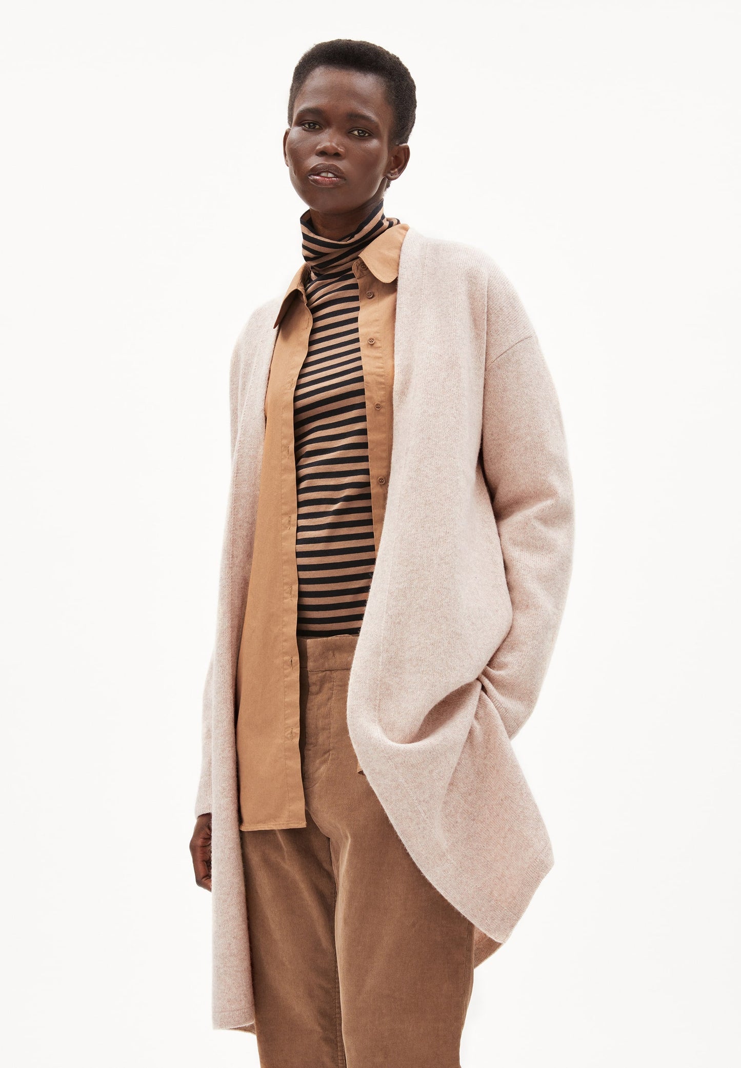 Gilet long caramel en coton et laine bio - maertaa light caramel melange