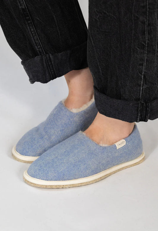 Chaussons en laine francaise | bleu "marcel chevrons bleu"