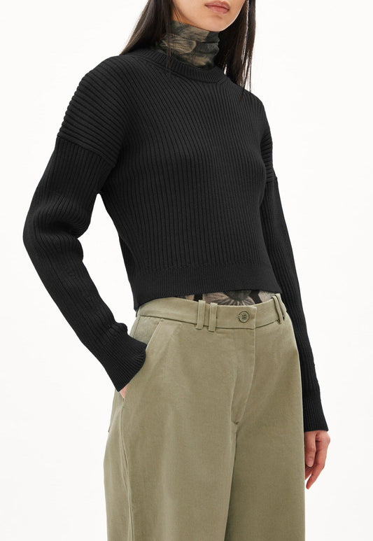 Pull côtelé cropped en coton bio | noir "mayaa merinos - black"