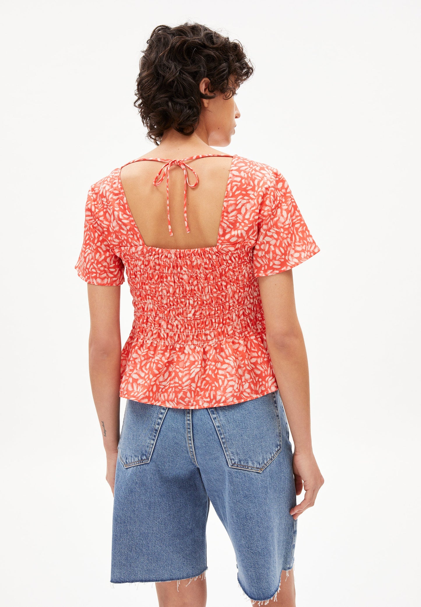 Top à manches courtes orange à motifs en tencel - memaa hibiscus