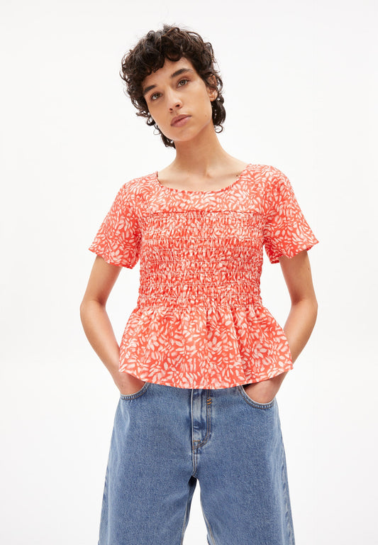 Top à manches courtes orange à motifs en tencel - memaa hibiscus