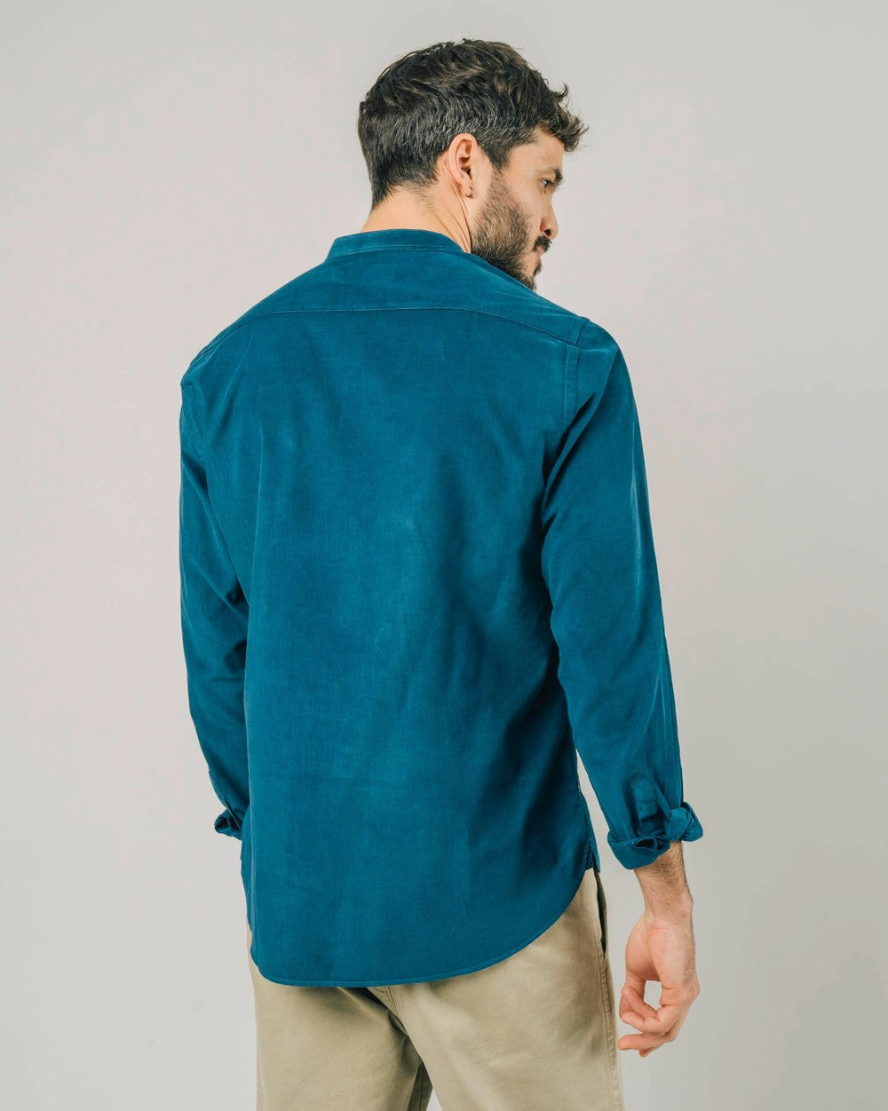 Chemise mao bleue en velours de coton bio - baby cord japan mao shirt petrol blue
