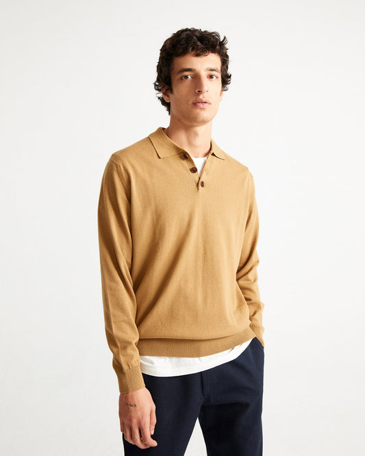 Pull col boutonné ocre en coton bio et laine mérinos - Vincent