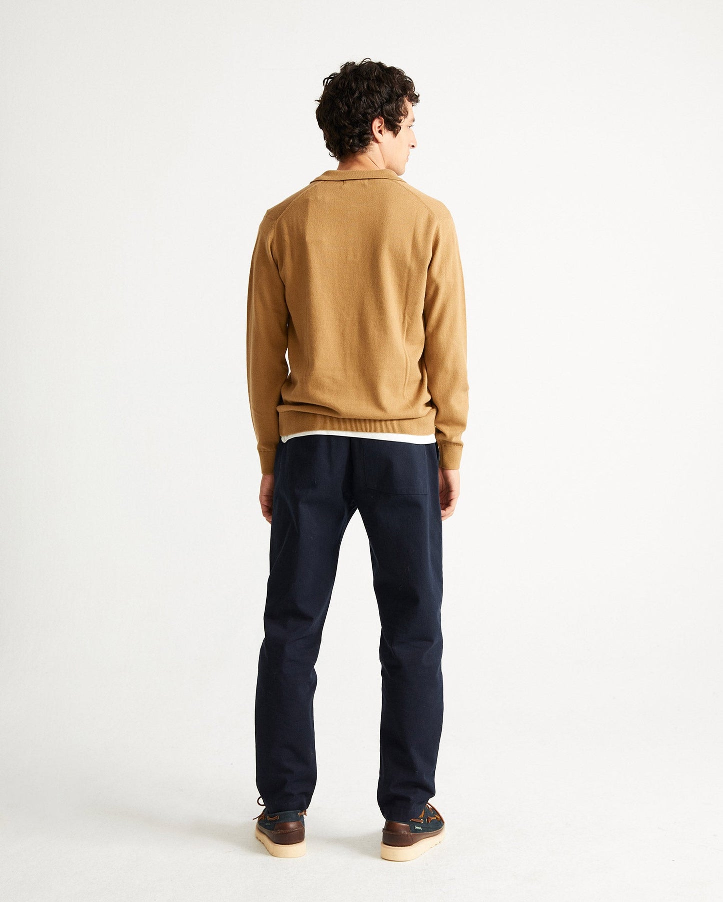 Pull col boutonné ocre en coton bio et laine mérinos - Vincent