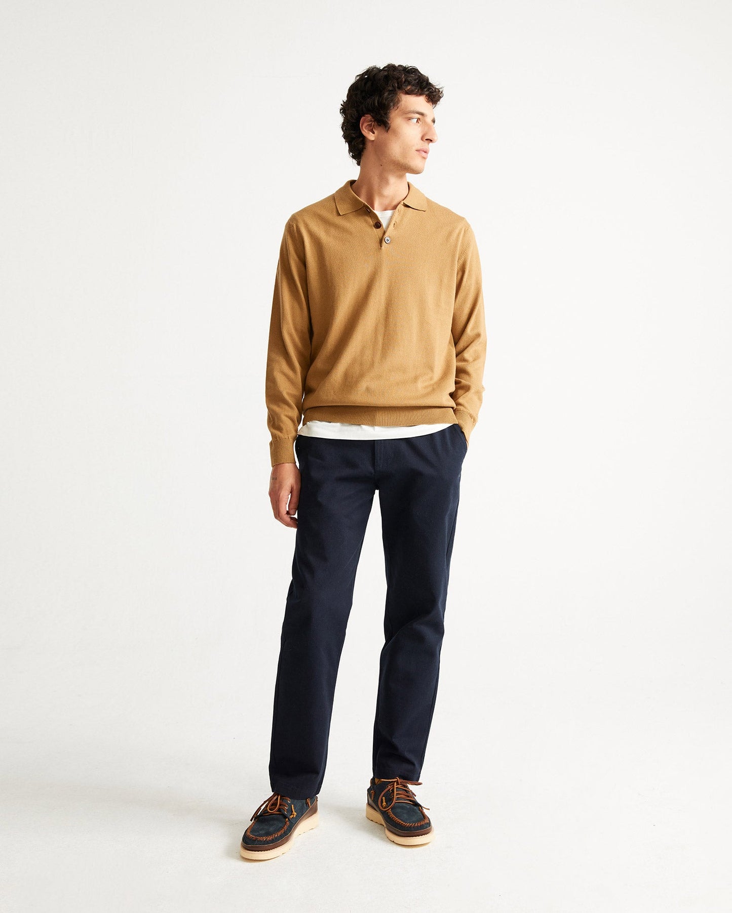 Pull col boutonné ocre en coton bio et laine mérinos - Vincent