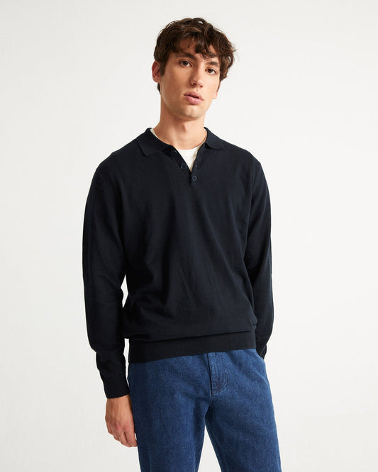 Pull col boutonné marine en coton bio et laine mérinos - Vincent