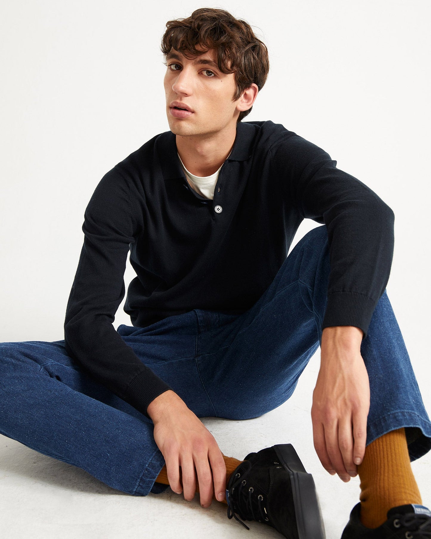 Pull col boutonné marine en coton bio et laine mérinos - Vincent