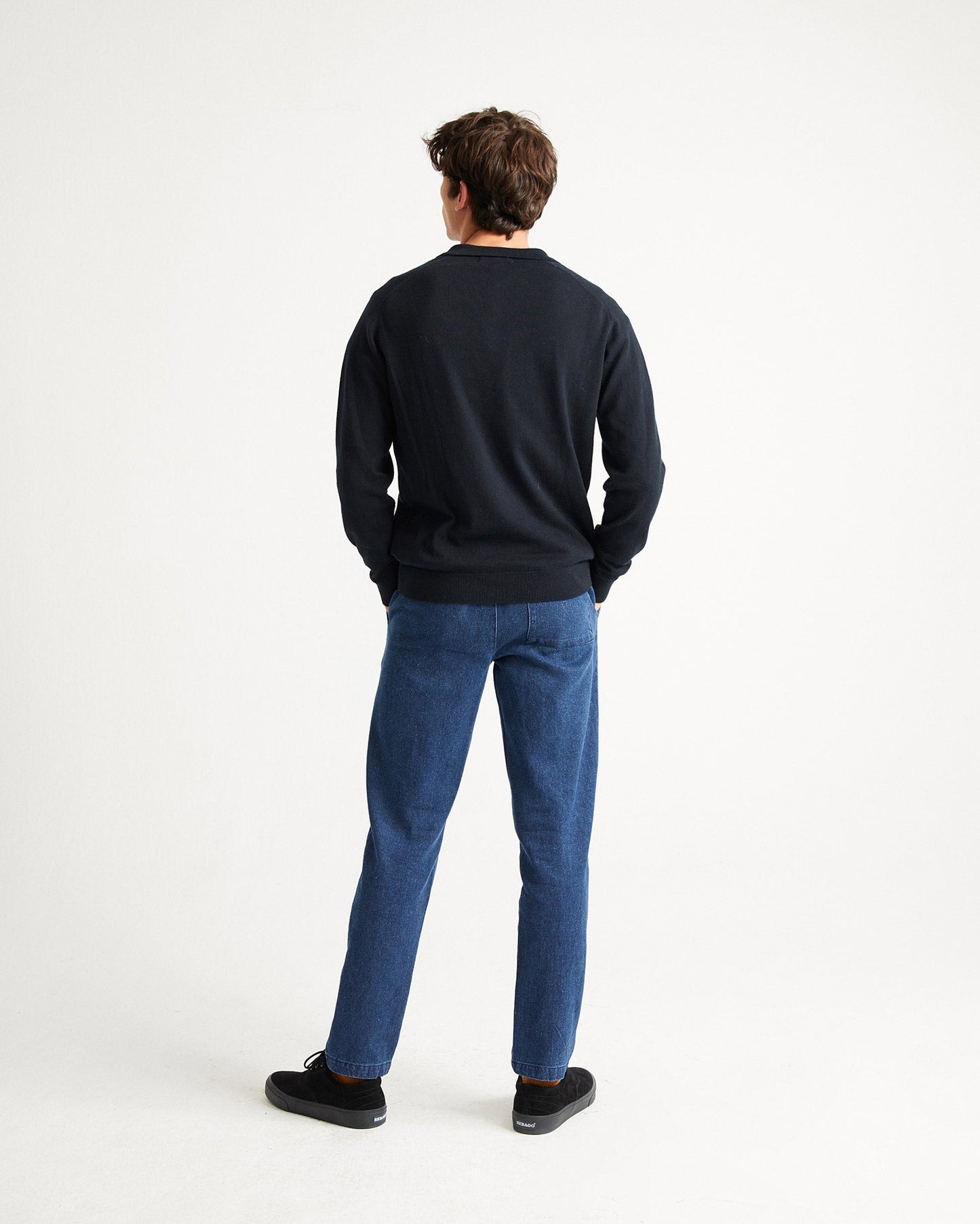 Pull col boutonné marine en coton bio et laine mérinos - Vincent