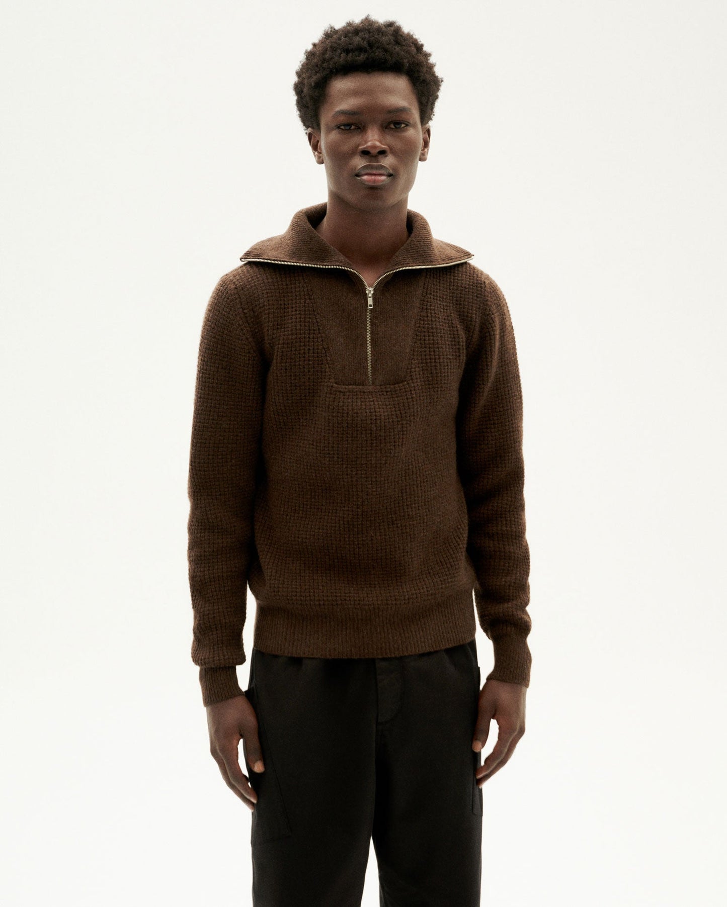Pull col zippé en laine certifiée | marron "brown helio knitted sweater"