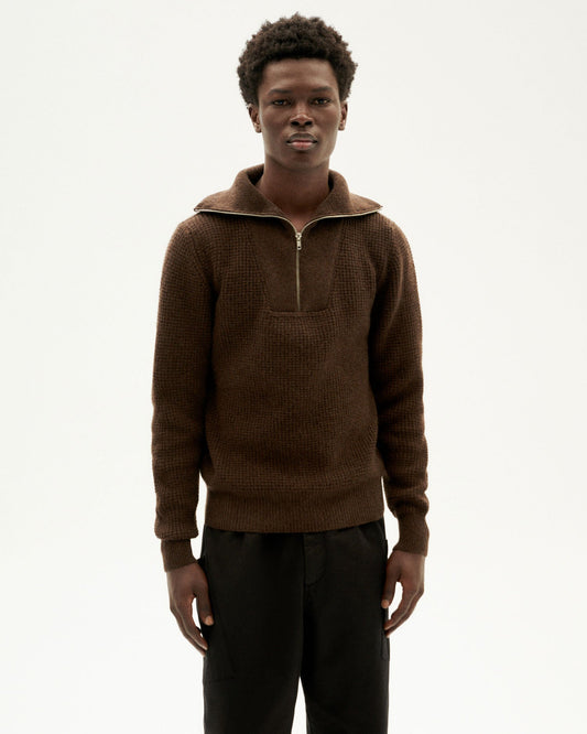 Pull col zippé en laine certifiée | marron "brown helio knitted sweater"