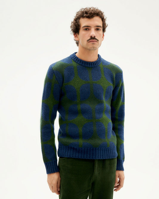 Pull col rond à motifs en laine bio | multicolore "wallpaper navy khem knitted sweater"