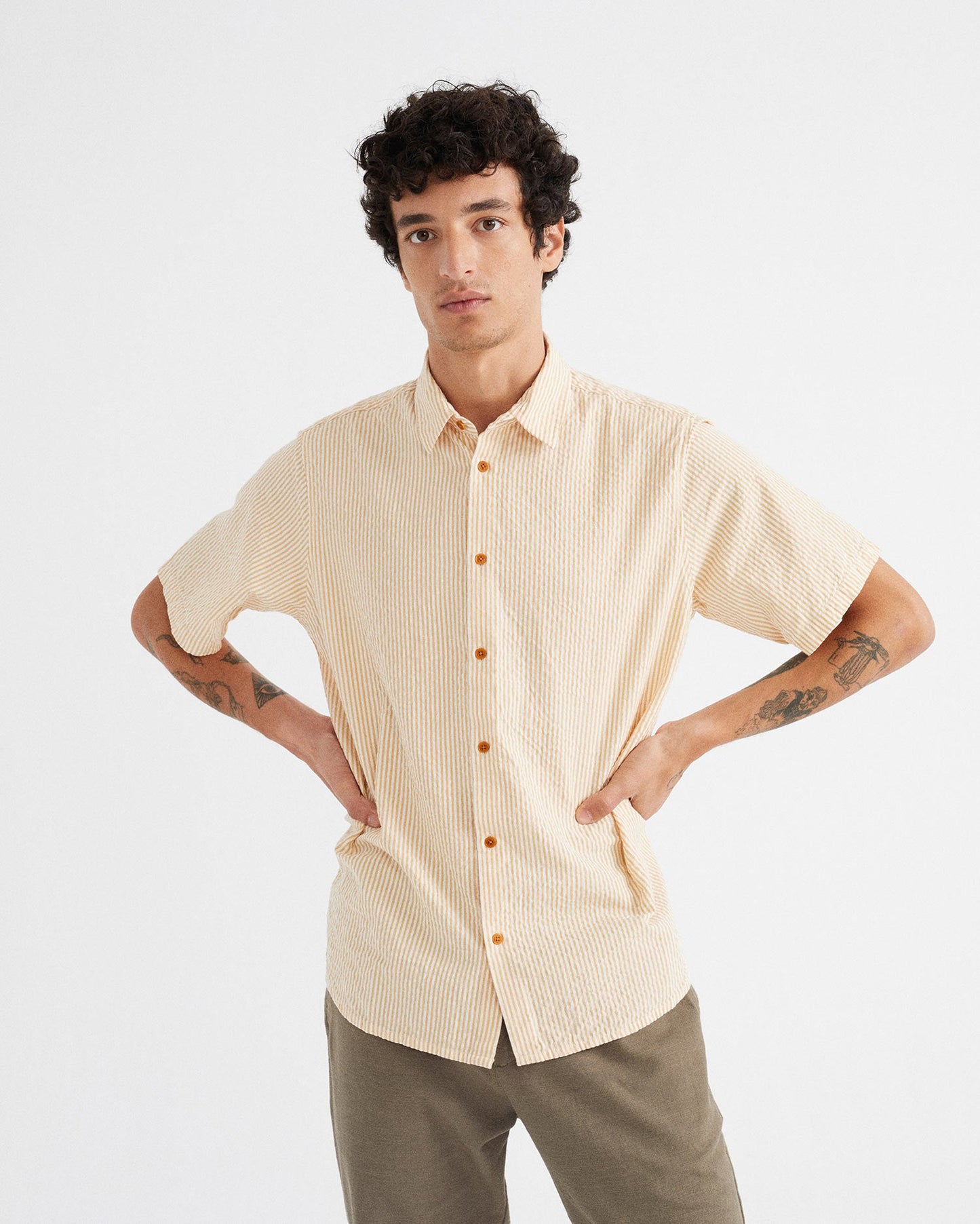 Chemise manches courtes rayée jaune en coton bio - Tom