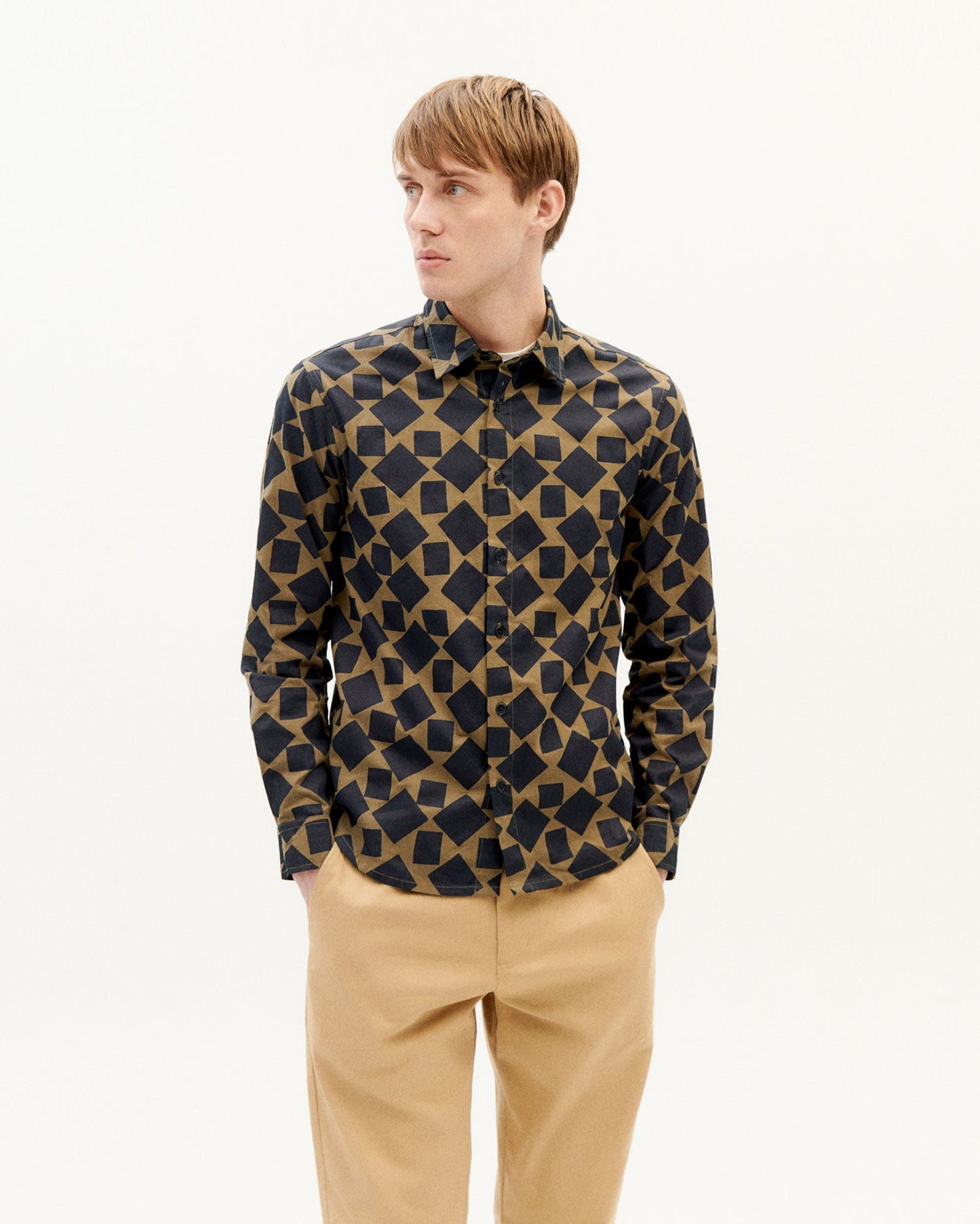 Chemise bicolore motifs en coton bio - squares olive green thomas shirt