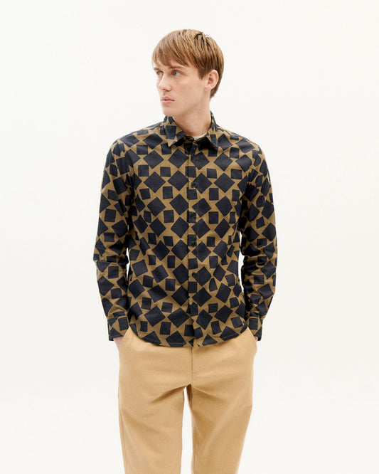 Chemise bicolore motifs en coton bio - squares olive green thomas shirt