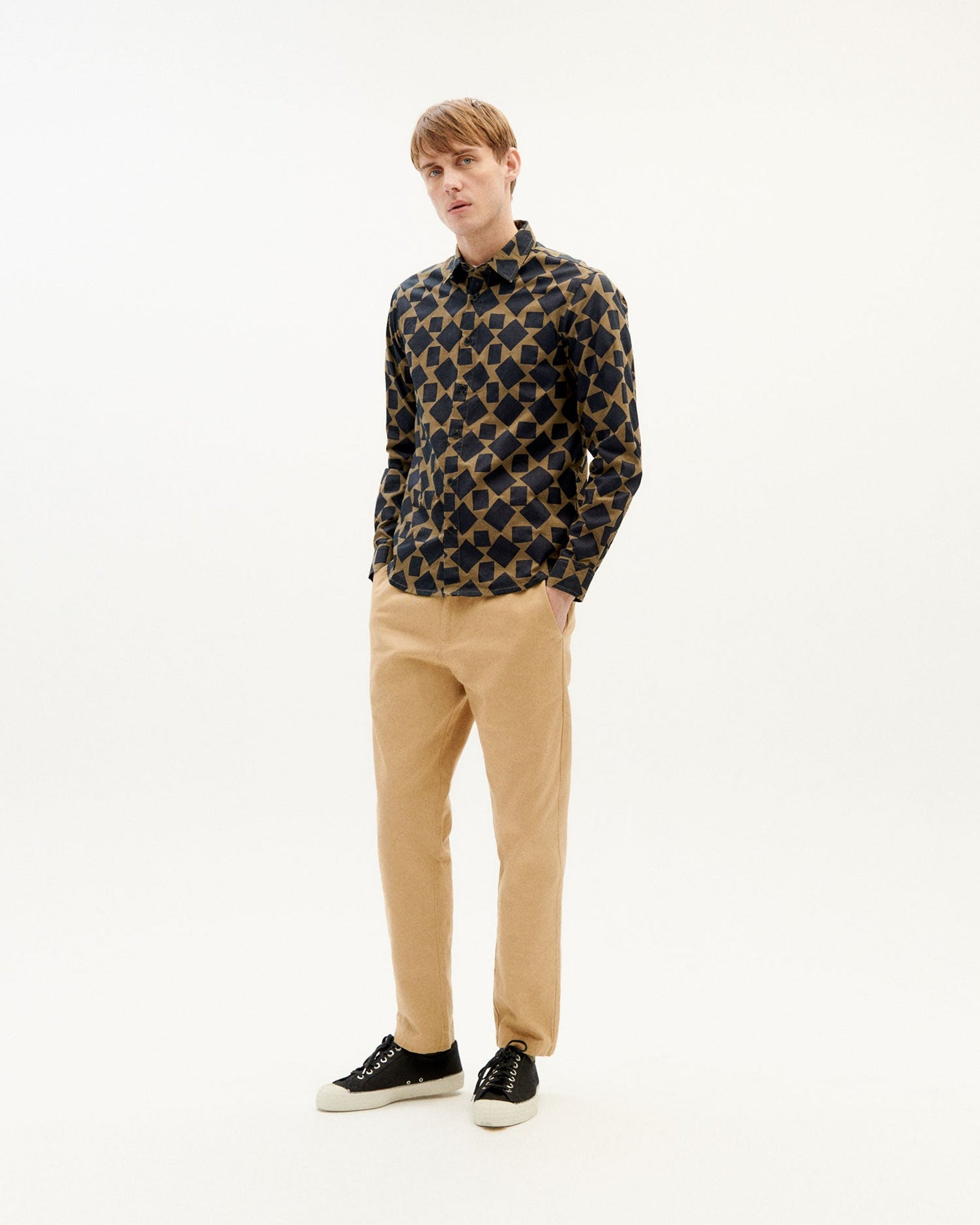 Chemise bicolore motifs en coton bio - squares olive green thomas shirt