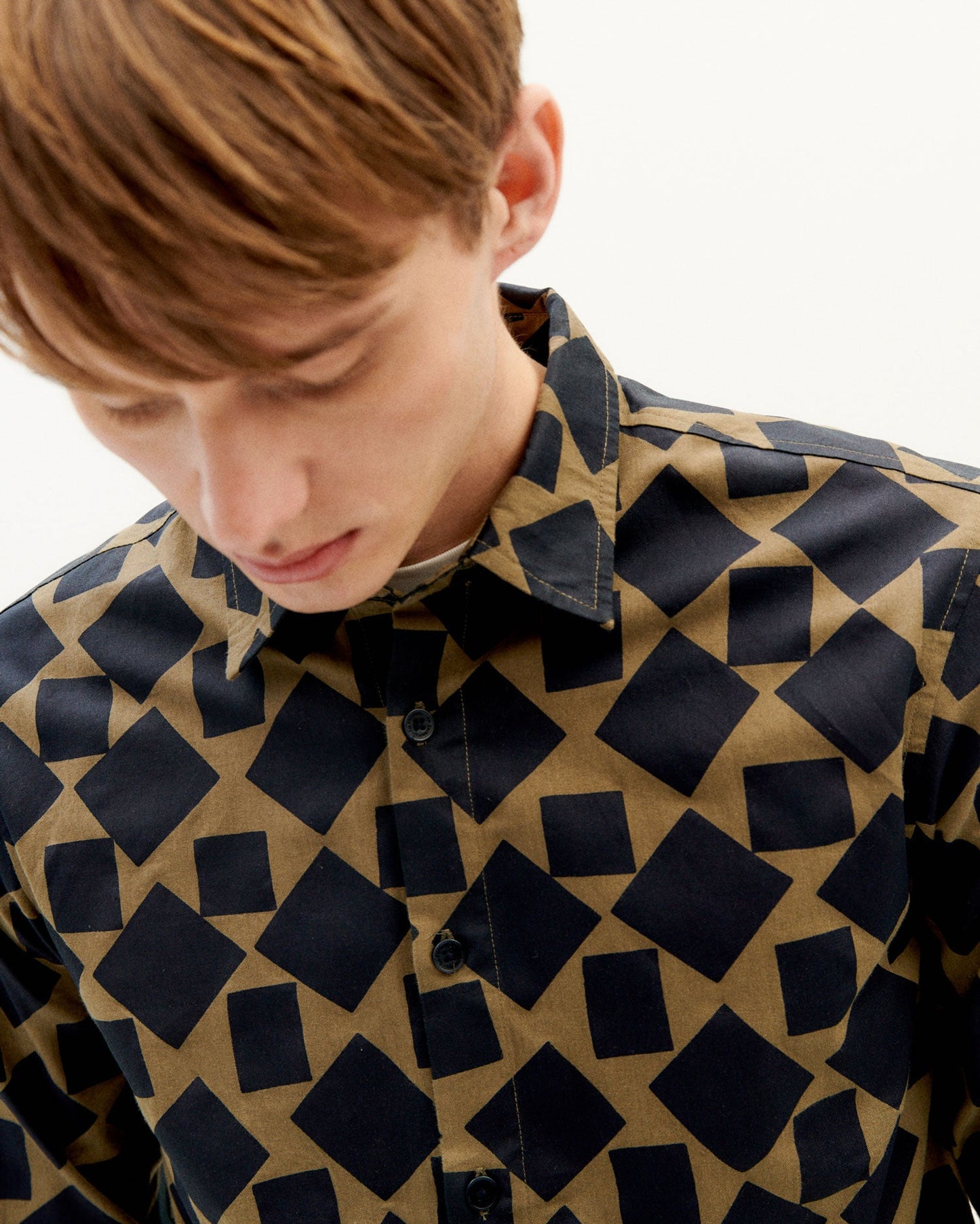 Chemise bicolore motifs en coton bio - squares olive green thomas shirt