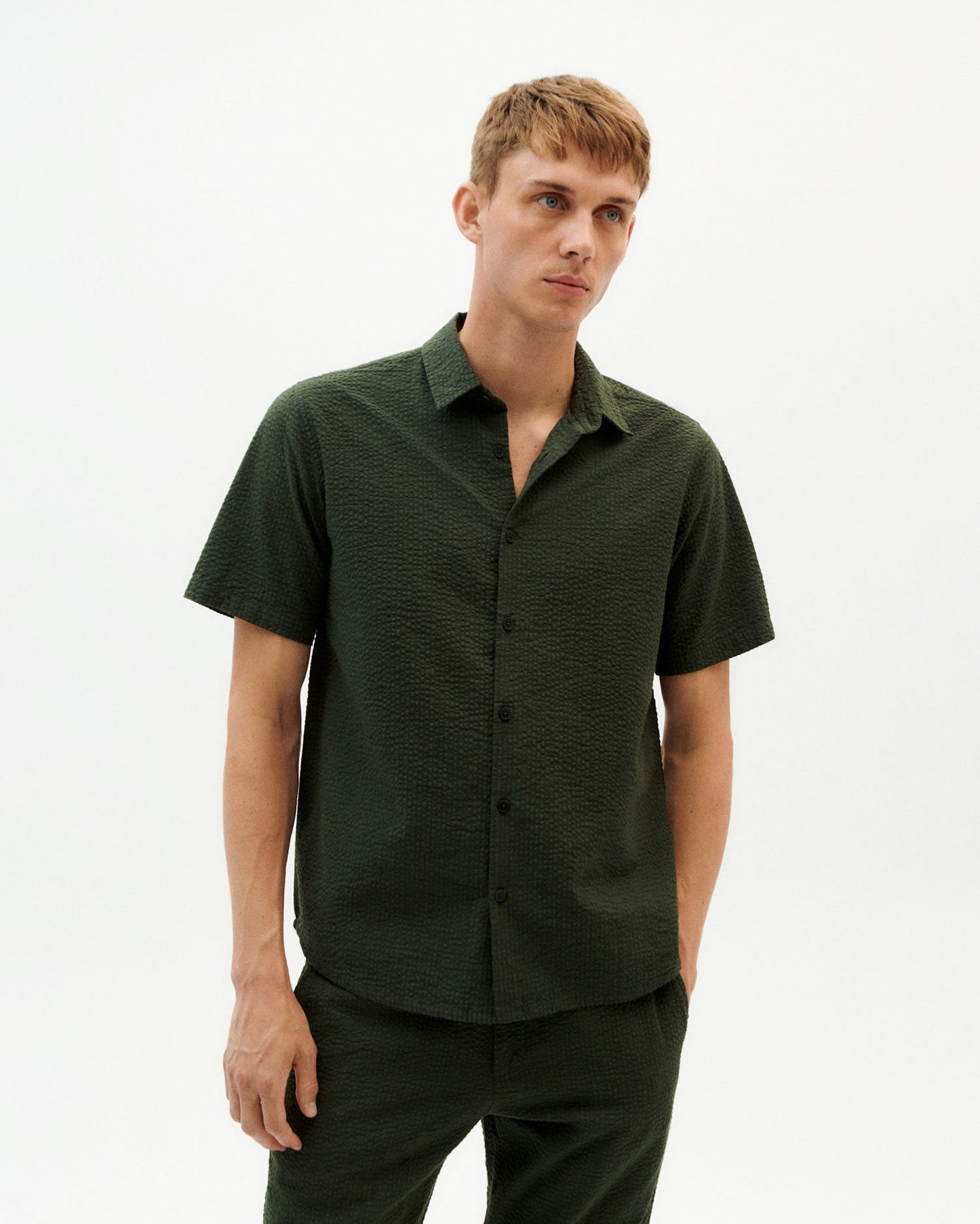 Chemise manches courtes verte en coton bio - green seersucker checks tom shirt