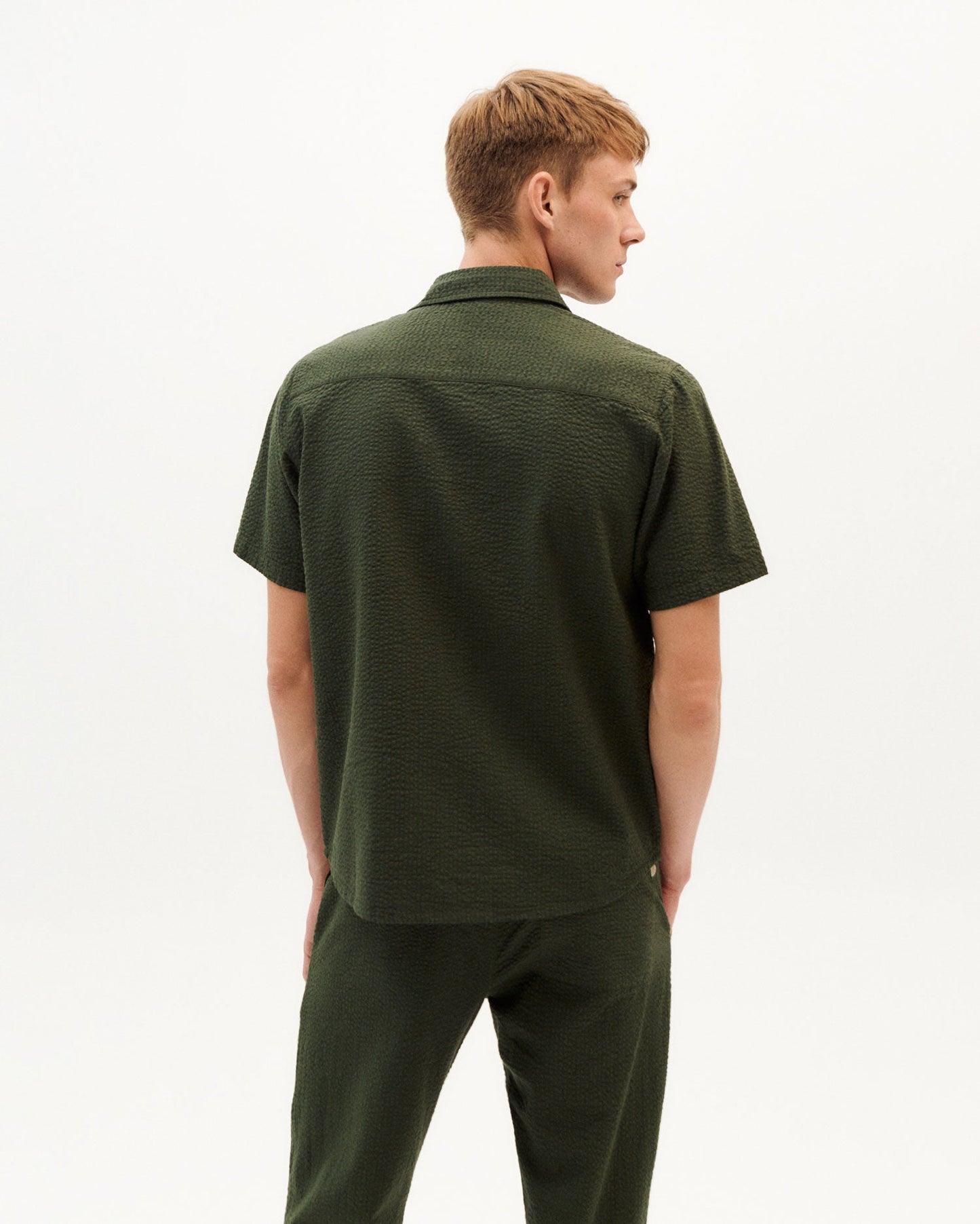 Chemise manches courtes verte en coton bio - green seersucker checks tom shirt
