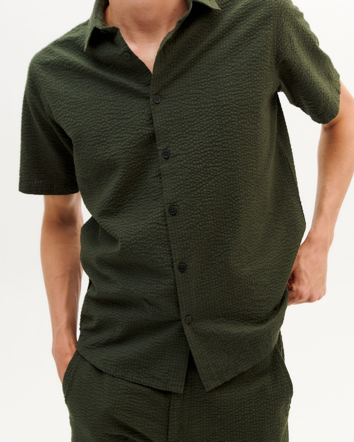 Chemise manches courtes verte en coton bio - green seersucker checks tom shirt