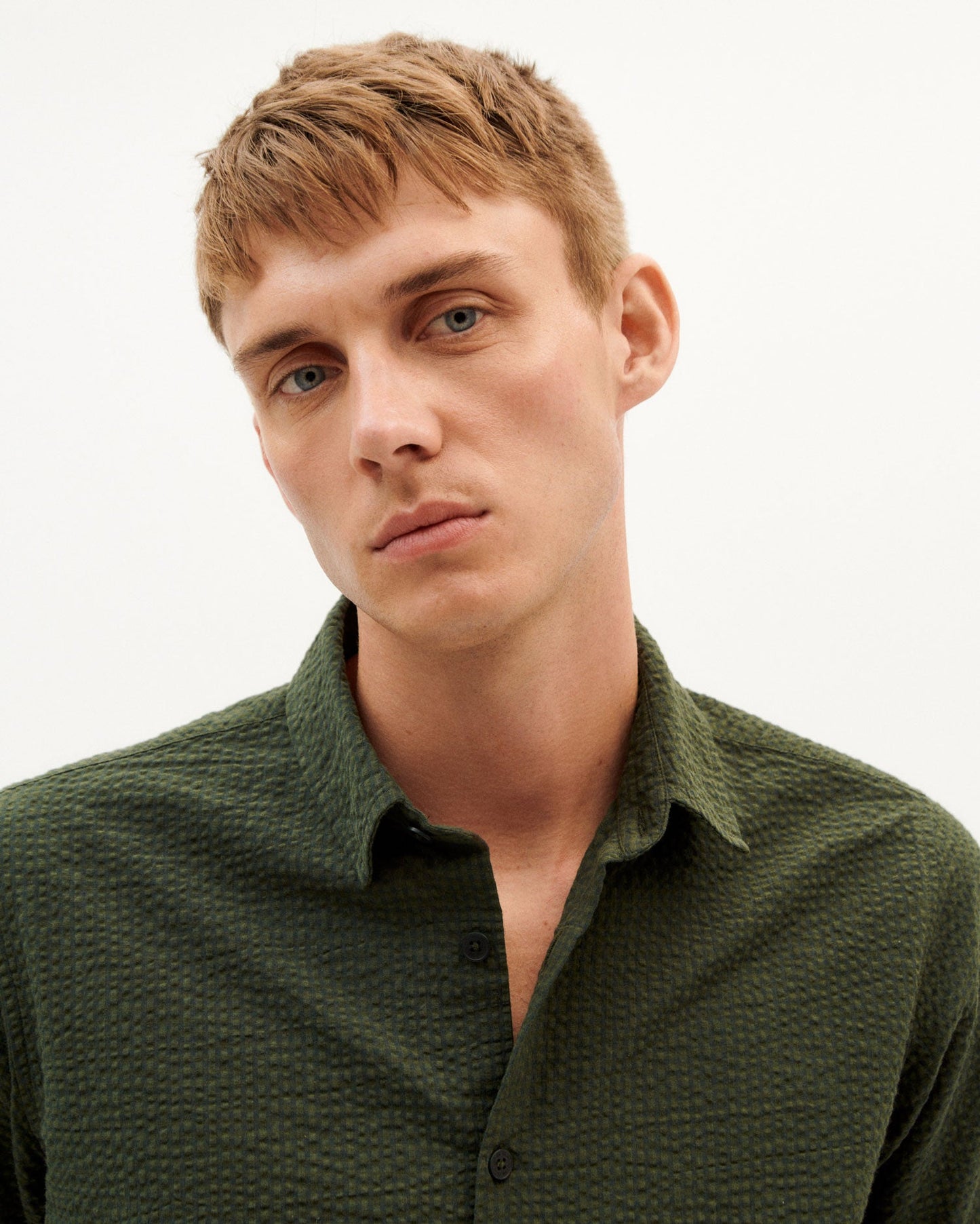 Chemise manches courtes verte en coton bio - green seersucker checks tom shirt