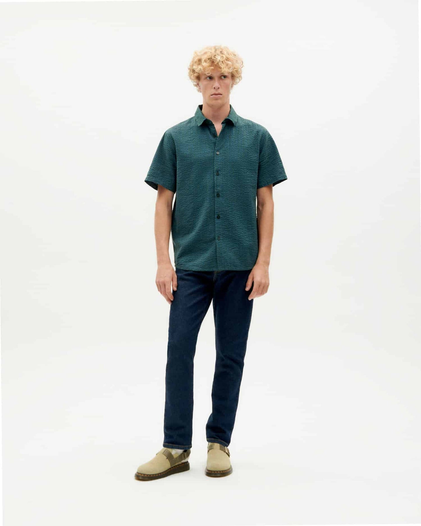 Chemise manches courtes en coton bio | vert "bottle green checks seersucker tom shirt"