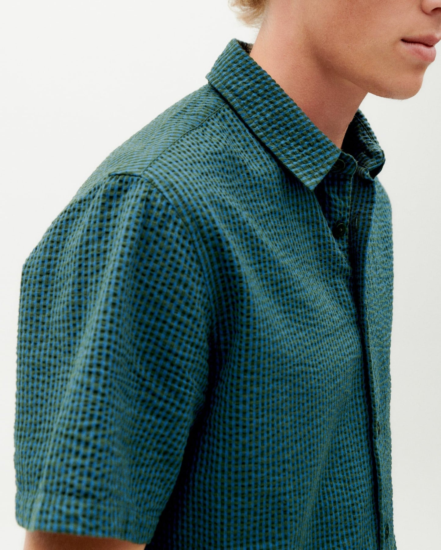 Chemise manches courtes en coton bio | vert "bottle green checks seersucker tom shirt"