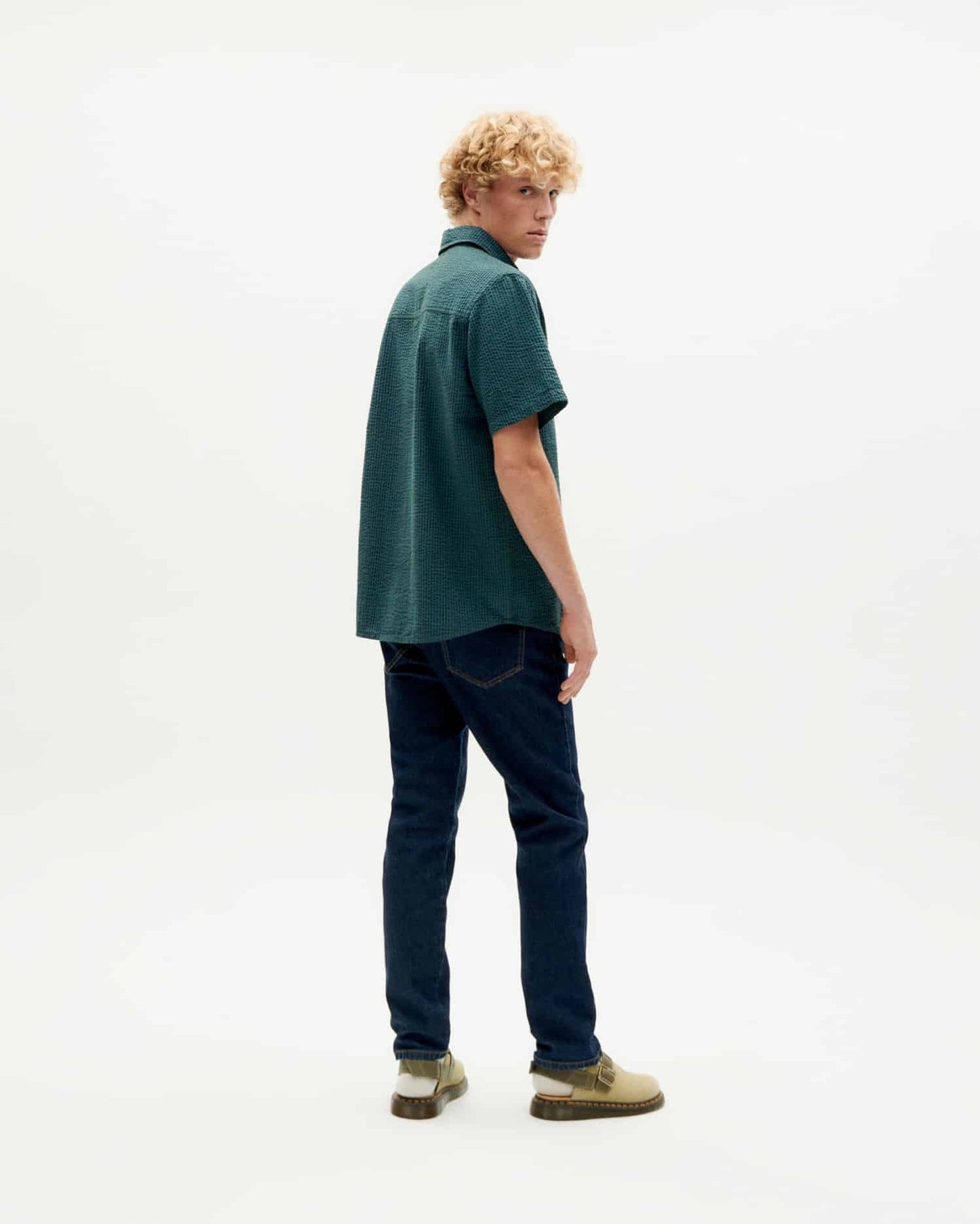 Chemise manches courtes en coton bio | vert "bottle green checks seersucker tom shirt"
