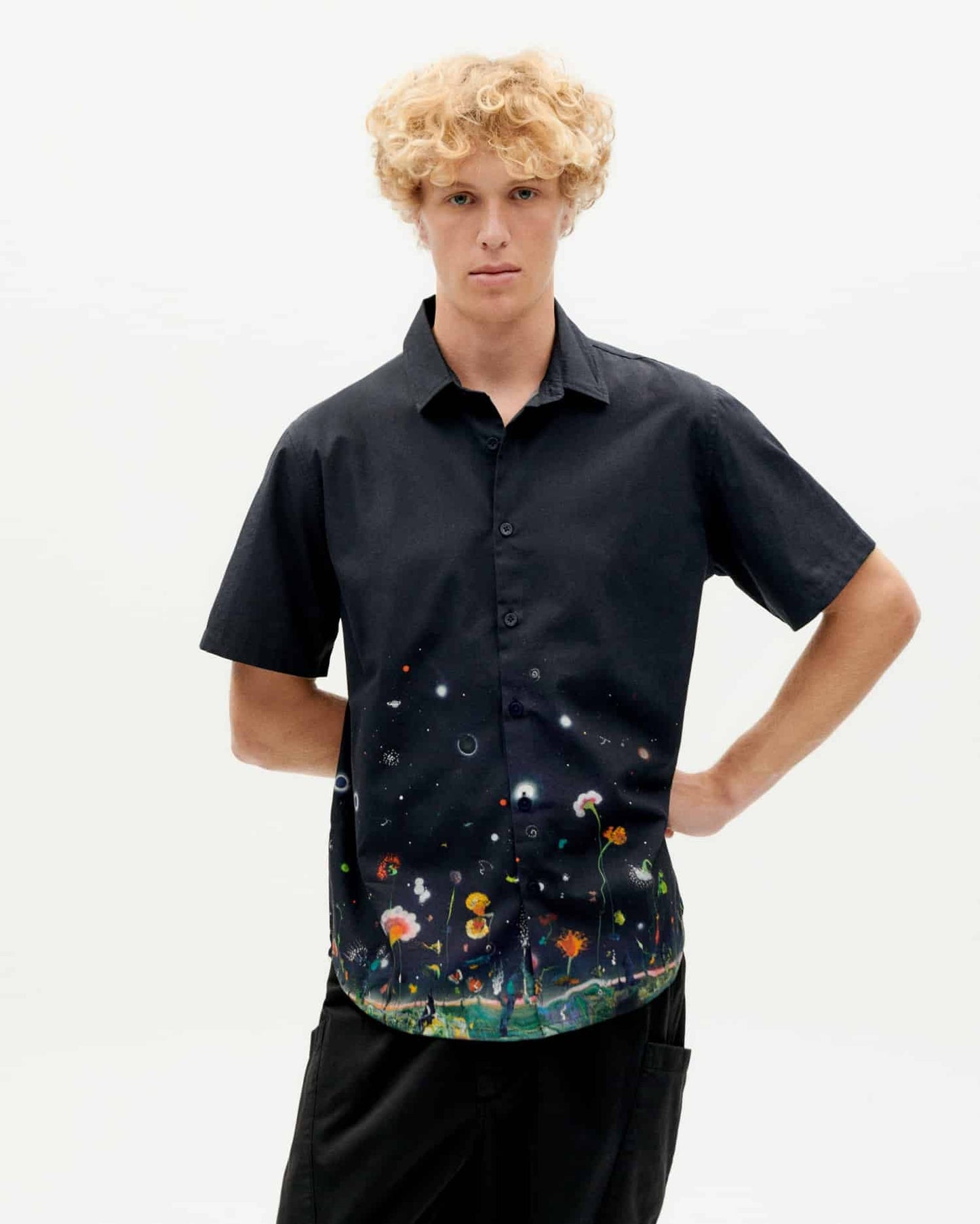 Chemise manches courtes en coton bio | Marine à motifs "feuz night tommy shirt"