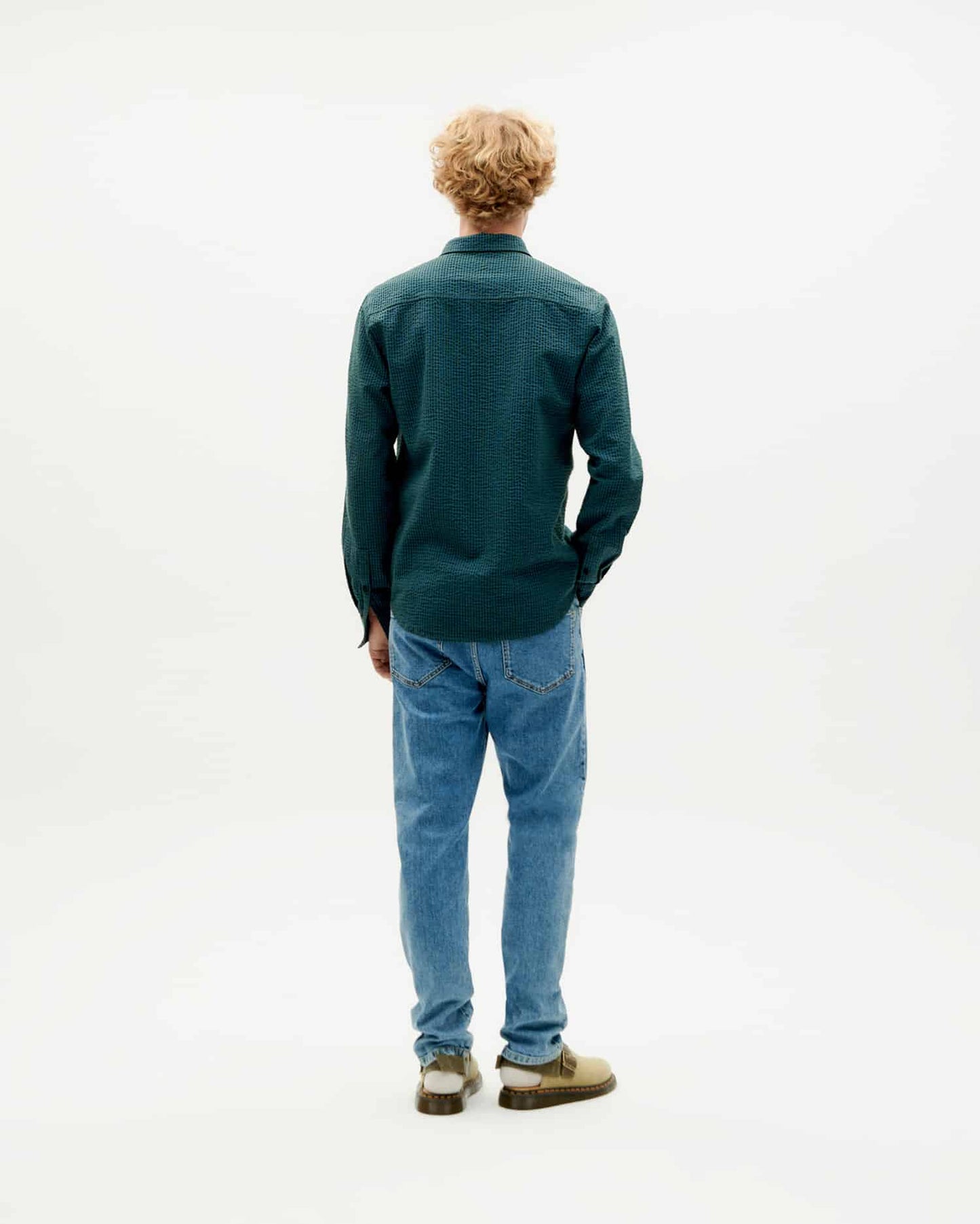 Chemise à carreaux en coton bio | bleu "bottle green checks seersucker thomas shirt"