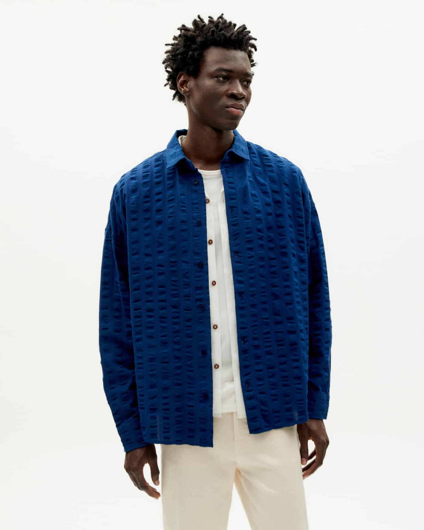 Chemise seersucker en coton bio | Bleu "navy big seersucker haru shirt"