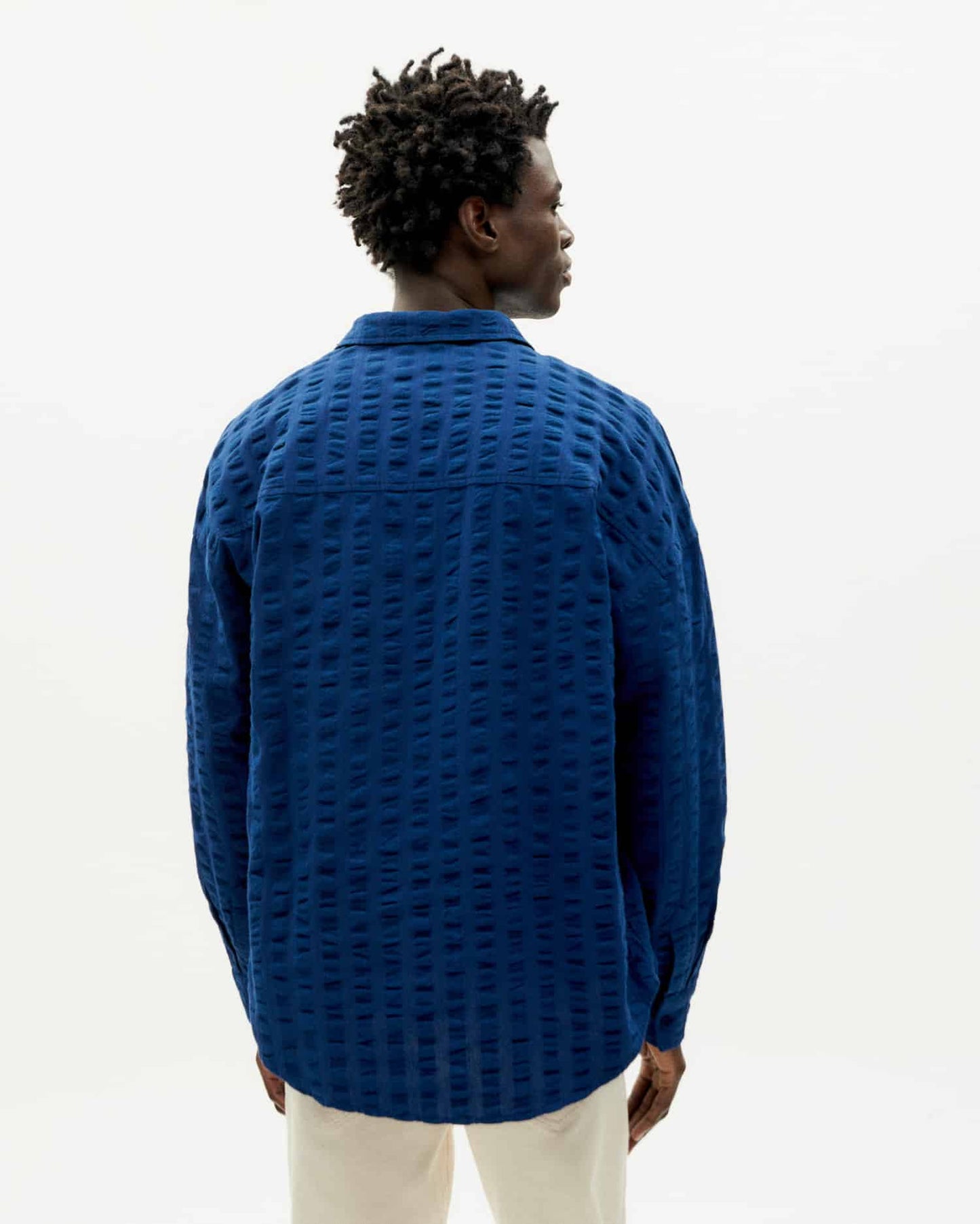 Chemise seersucker en coton bio | Bleu "navy big seersucker haru shirt"
