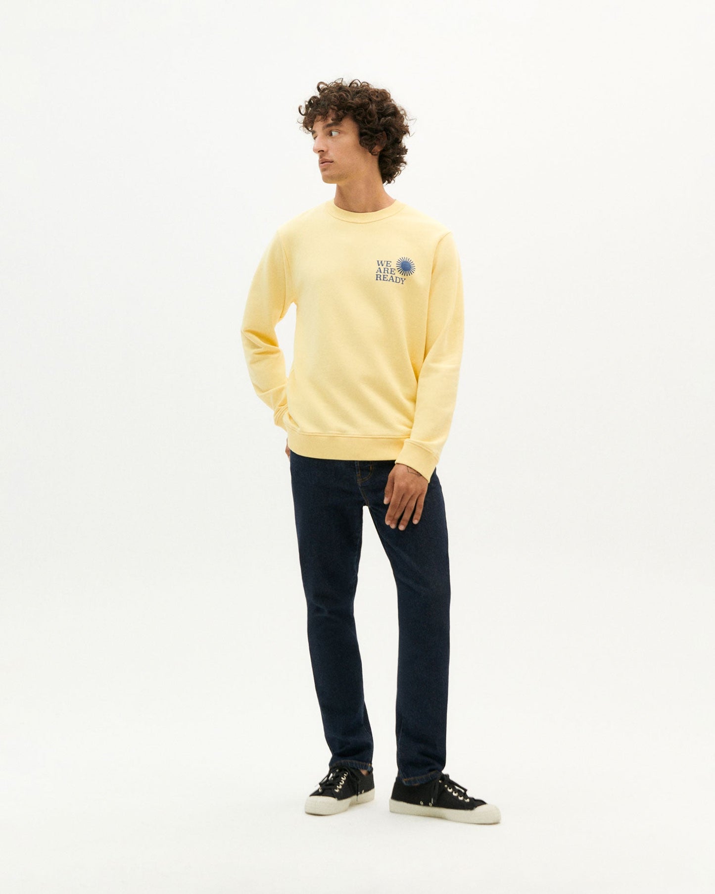 Sweat jaune imprimé indigo en coton bio - we are ready yellow sweartshirt