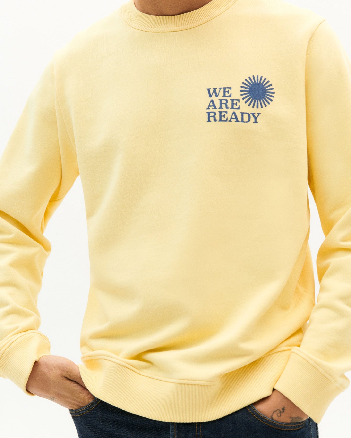 Sweat jaune imprimé indigo en coton bio - we are ready yellow sweartshirt