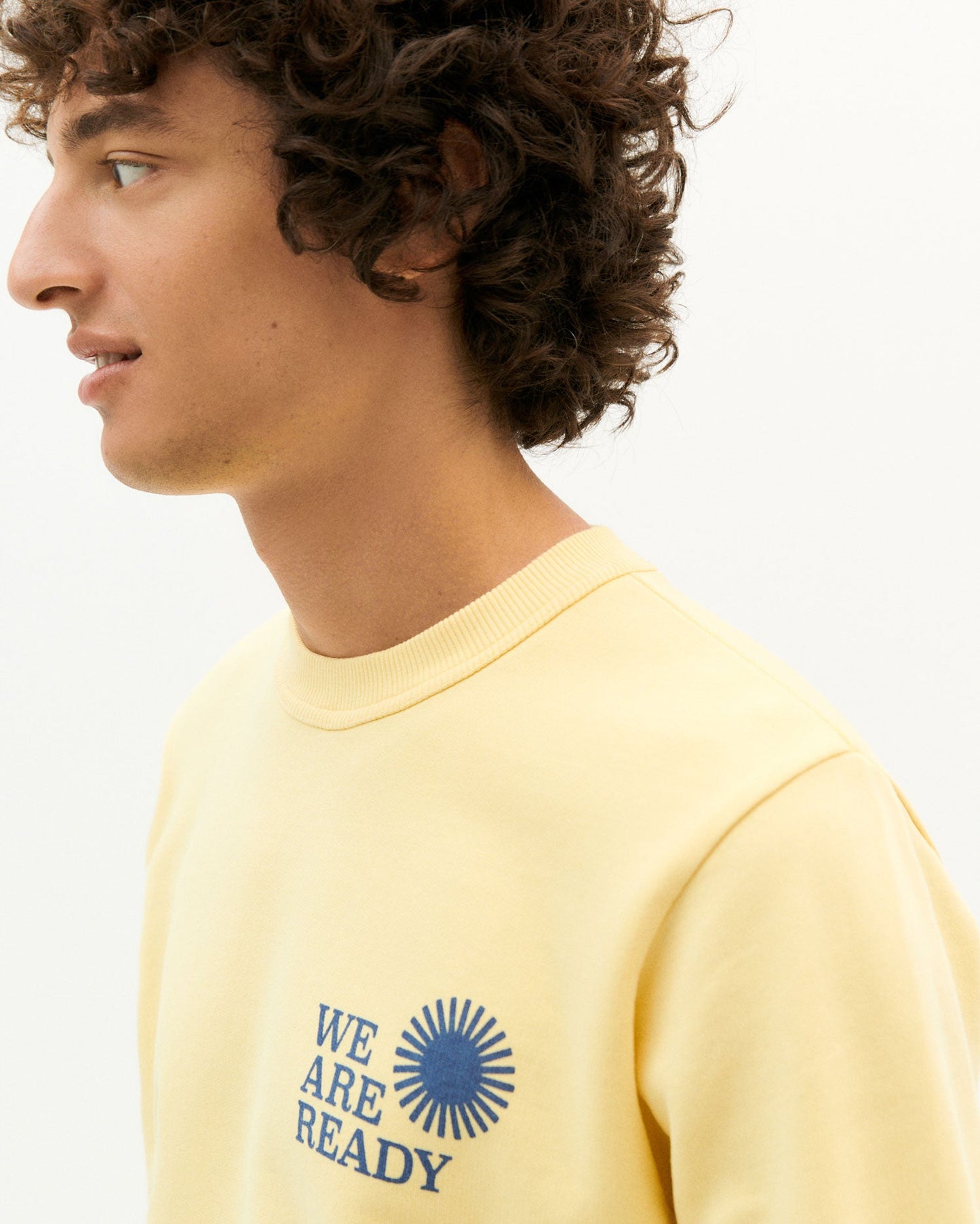 Sweat jaune imprimé indigo en coton bio - we are ready yellow sweartshirt