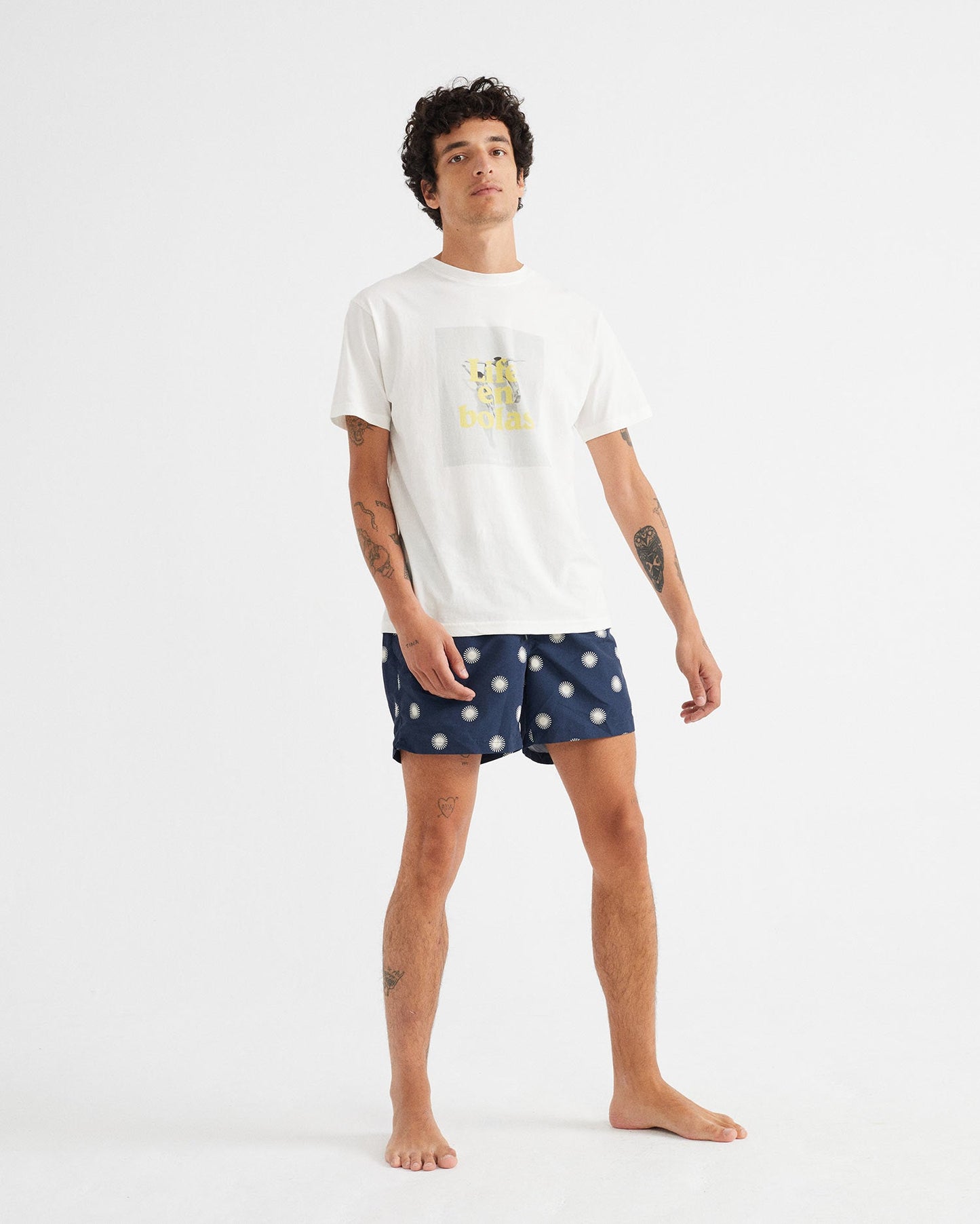 Short de bain bleu marine à imprimés blancs en polyester recyclé - Soles