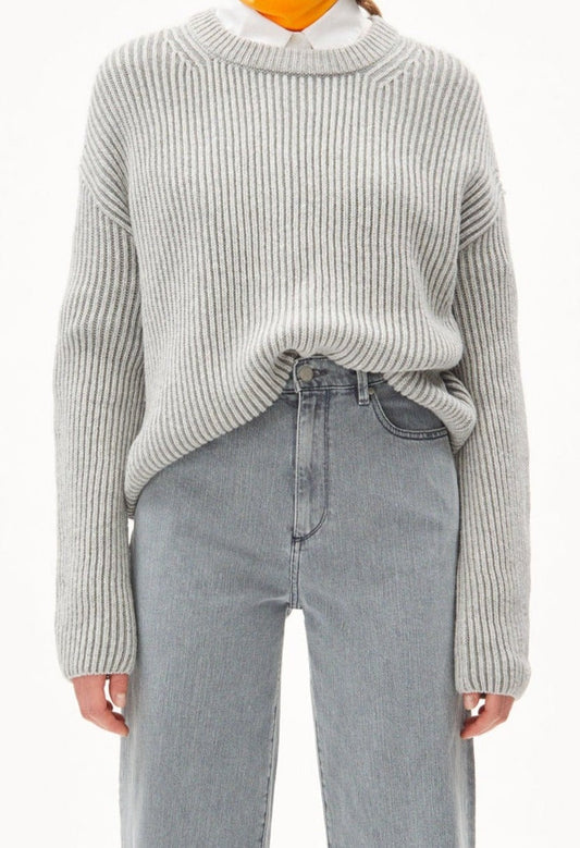 Pull maille en coton et laine bio, et matières recyclées - naaruko light grey melange
