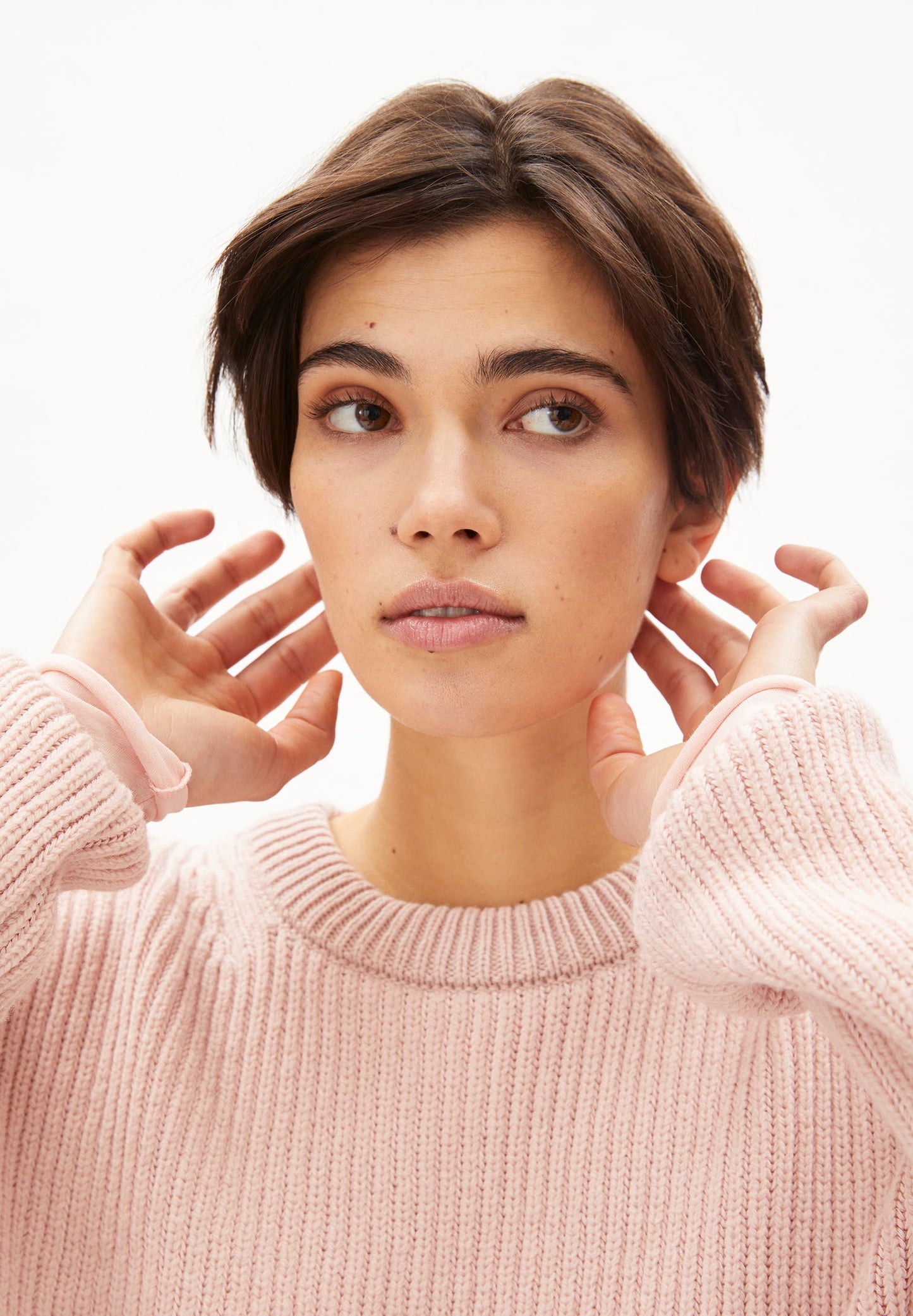 Pull maille rose en coton bio, laine bio et recyclée - naaruko rose quartz